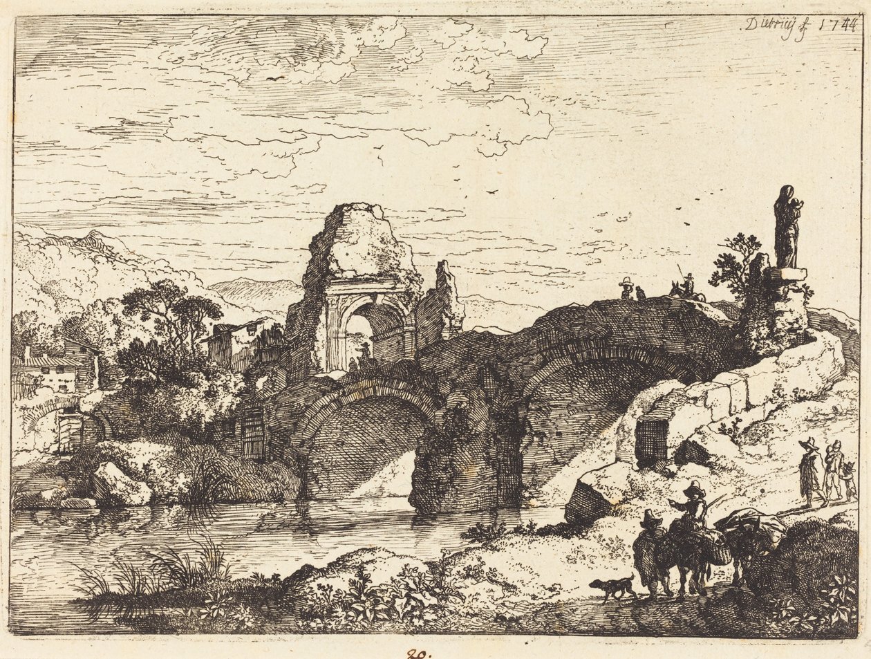 Paysage avec un pont et une tour en ruines - Christian Wilhelm Ernst Dietrich