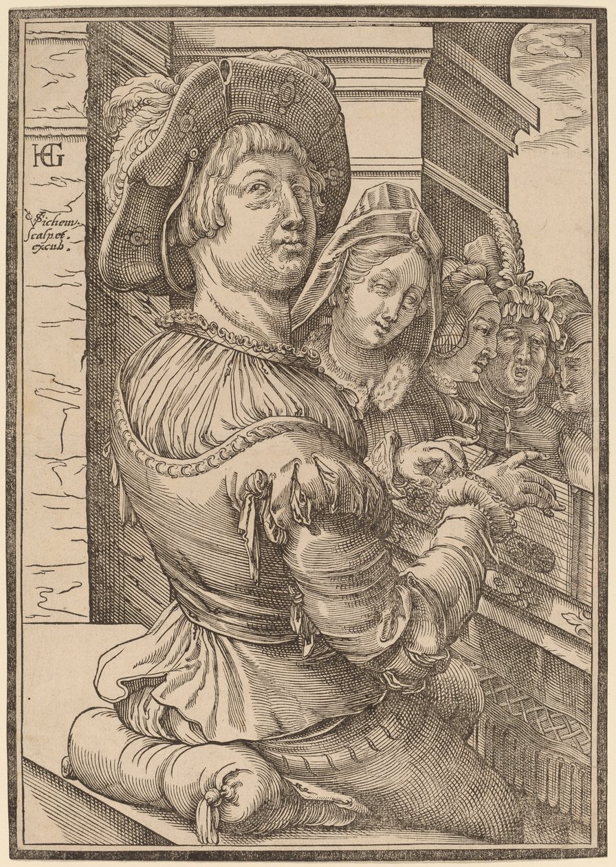 Un jeune homme jouant du psaltérion - Christoffel van Sichem I after Hendrik Goltzius