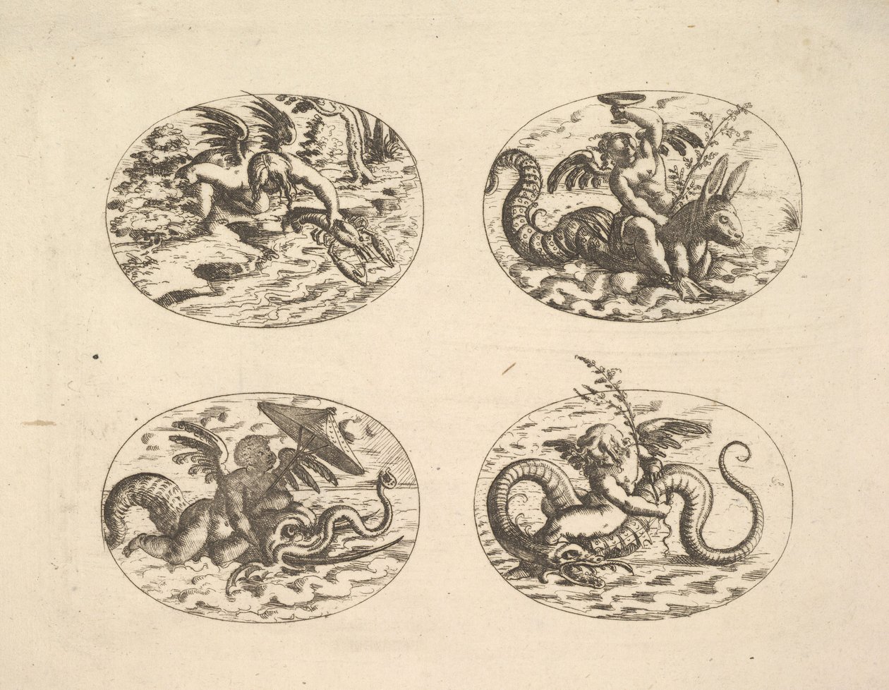 Putti avec des monstres marins, planches du Neue Grotessken Buch - Christoph Jamnitzer