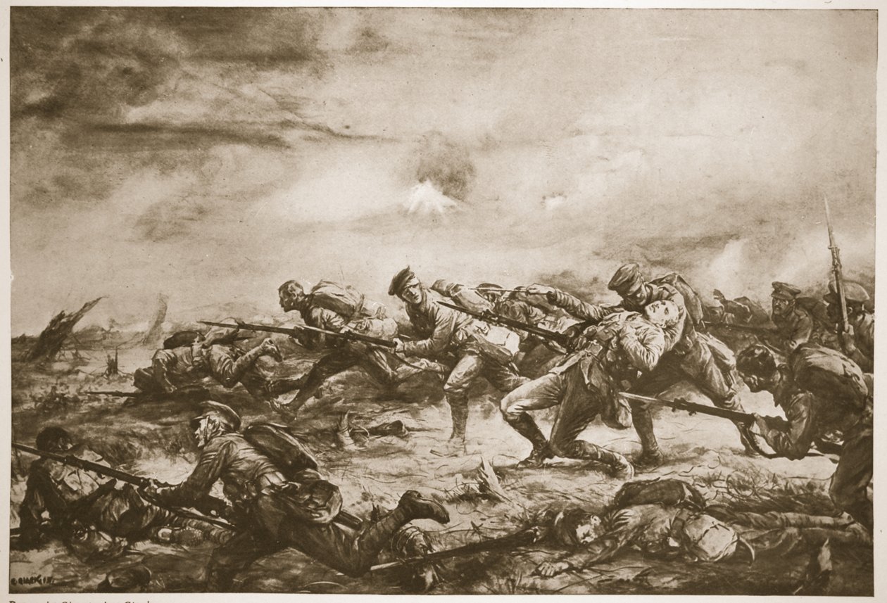 Charge du 4e bataillon canadien à Ypres (litho) - Christopher (after) Clark