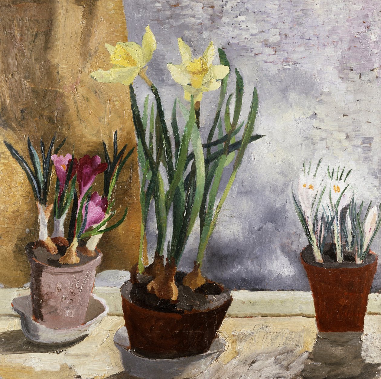 Crocus and narcisses (jonquilles) dans des pots. Peinture de Christopher Wood (1901-1930) Collection privee. - Christopher Wood