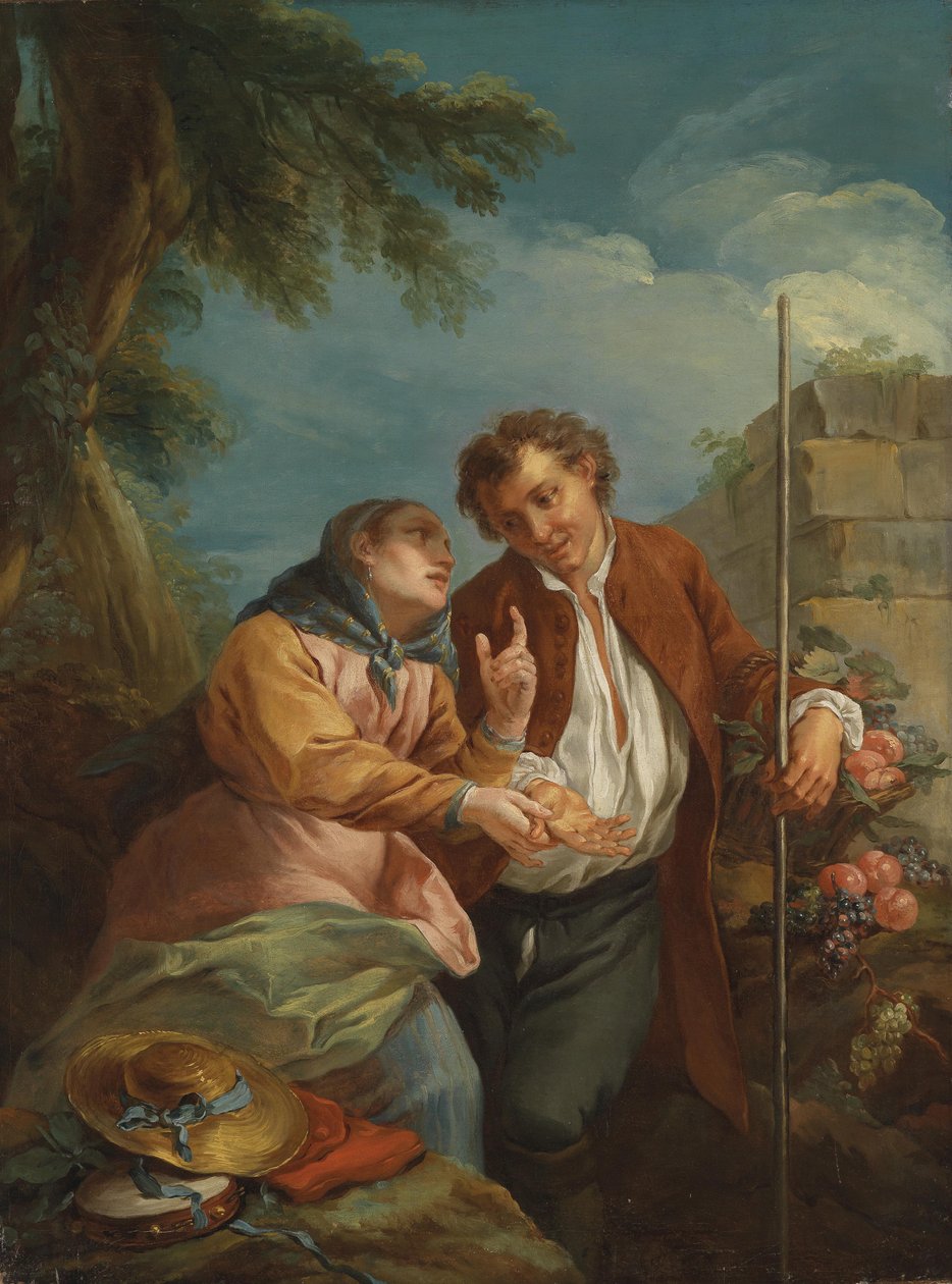 Une chiromancienne et un jeune vendeur de fruits - Circle of Charles André van Loo
