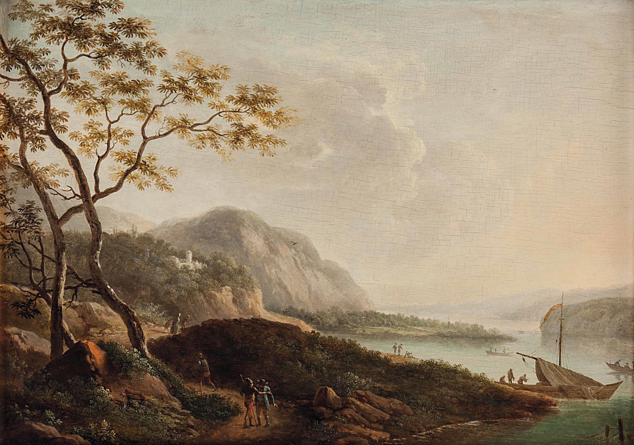 Paysage lacustre méridional avec personnages - Circle of Jacob Philipp Hackert