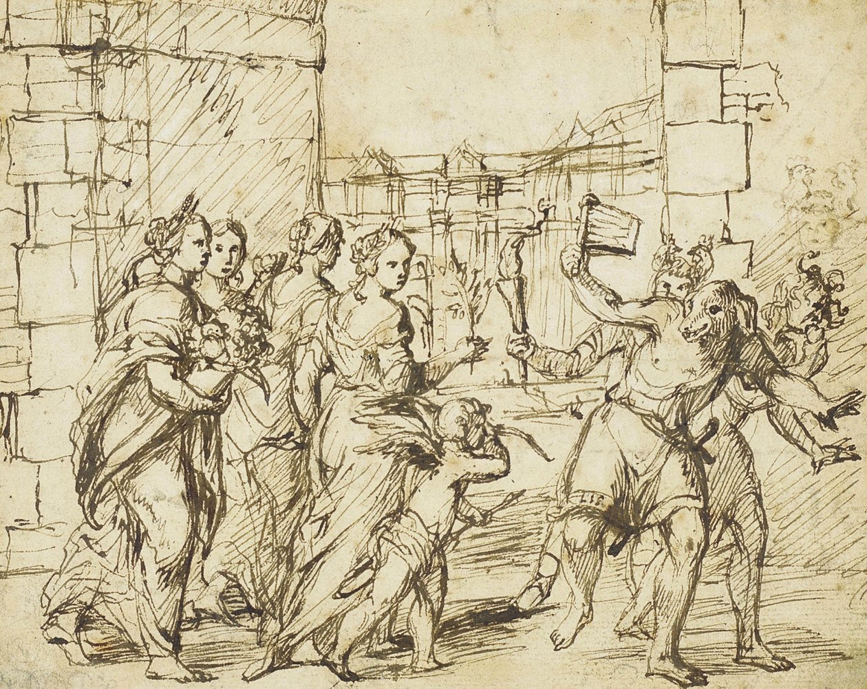 La fête des Lupercales à Rome : Cupidon et les personnifications de la fertilité rencontrent les Luperci déguisés en chiens et en chèvres - Circle of Adam Elsheimer