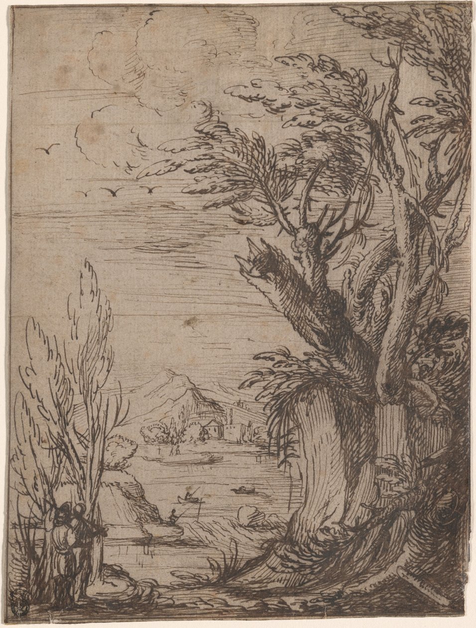 Paysage avec arbres noueux et pêcheur - Circle of Jacques de Gheyn
