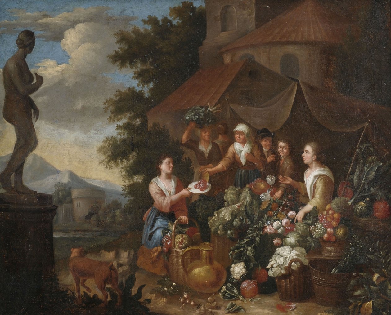 Vente de légumes et de fleurs sur un marché italien - Circle of Norbert van Bloemen