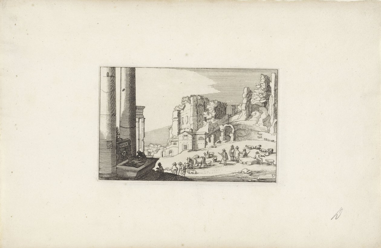 Paysage de collines avec une fontaine et des bergers (Variae antiquitates Romanae) - Claes Jansz. Visscher (II)