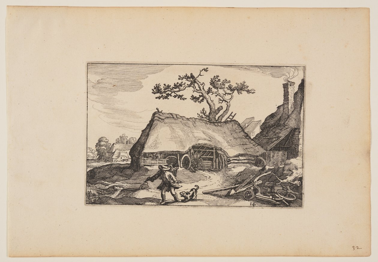 Ferme avec hangar pour charrette, homme avec chien aboyant, from Paysages - Claes Jansz. Visscher