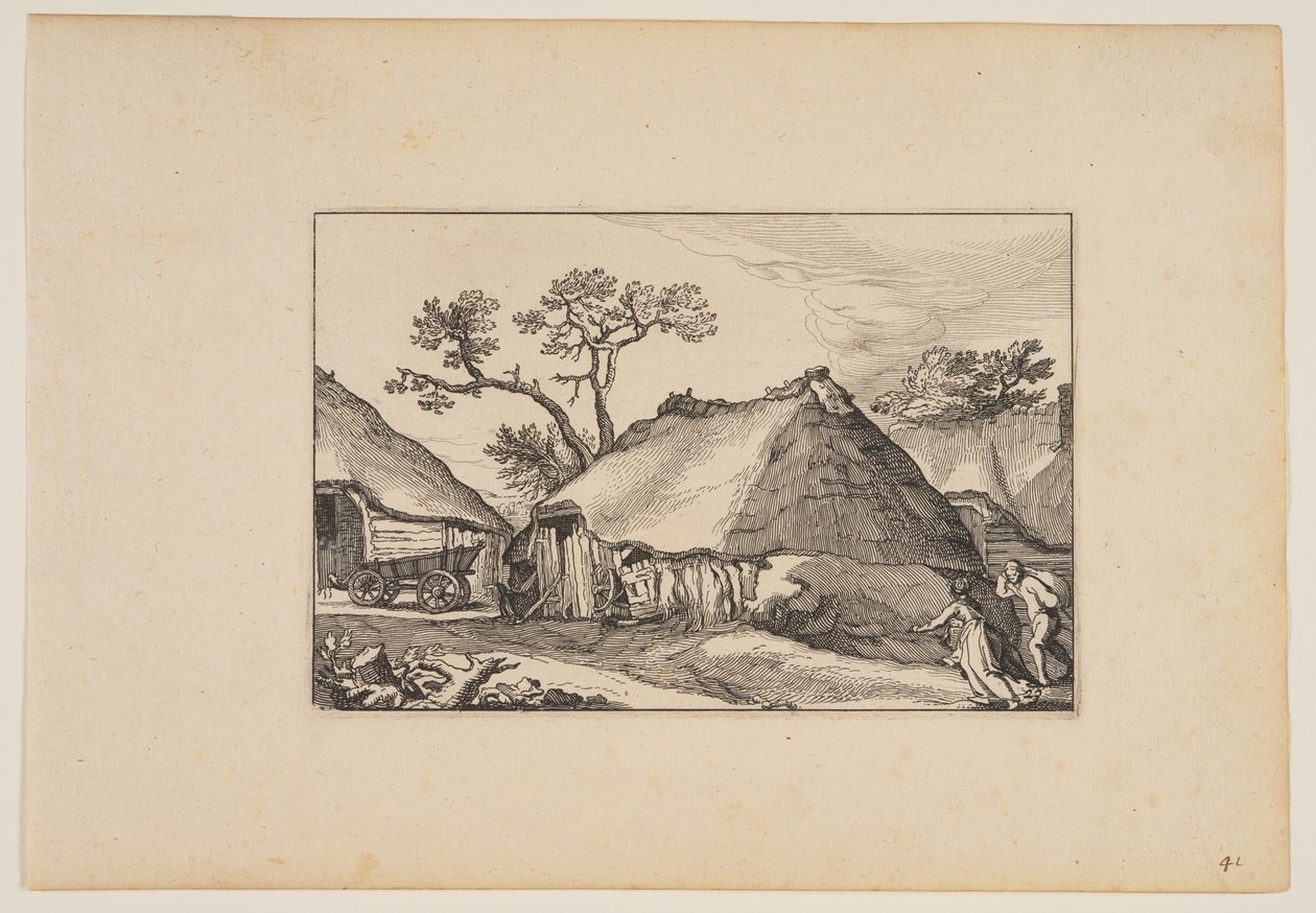 Deux granges, charrette à gauche, extraites de Paysages (Verscheyden aerdige Lanthuysen...) - Claes Jansz. Visscher