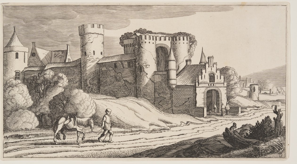 Un paysan avec un cheval sur une route près des remparts de la ville, extrait de Paysages (Playsante Lantschappen) - Claes Jansz. Visscher II