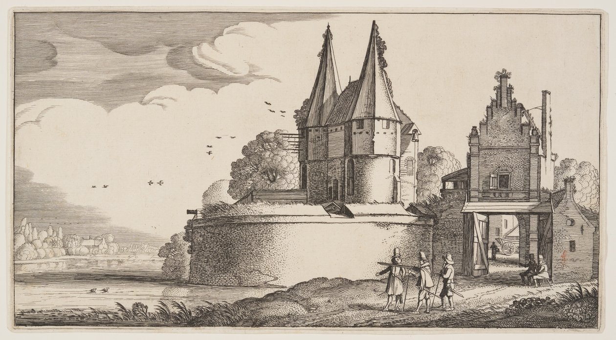 Bastion et porte de ville sur une rivière, extrait de Paysages (Playsante Lantschappen) - Claes Jansz. Visscher II