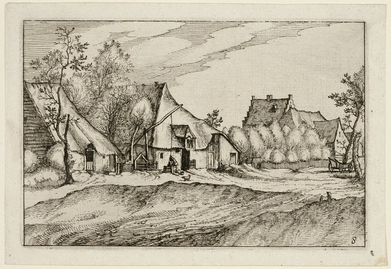 Fermes dans un village, planche huit après Images de fermes, de maisons de campagne et de villages rustiques (Praediorum villarum et rusticarum casularum icones) - Claes Jansz. Visscher II