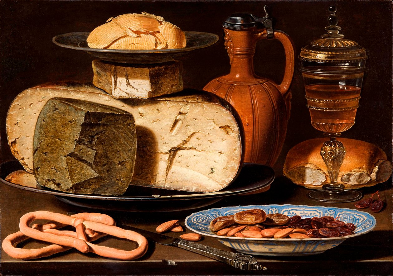 Dutch : Nature morte aux fromages, amandes et bretzels Nature morte aux fromages, amandes et bretzels - Clara Peeters
