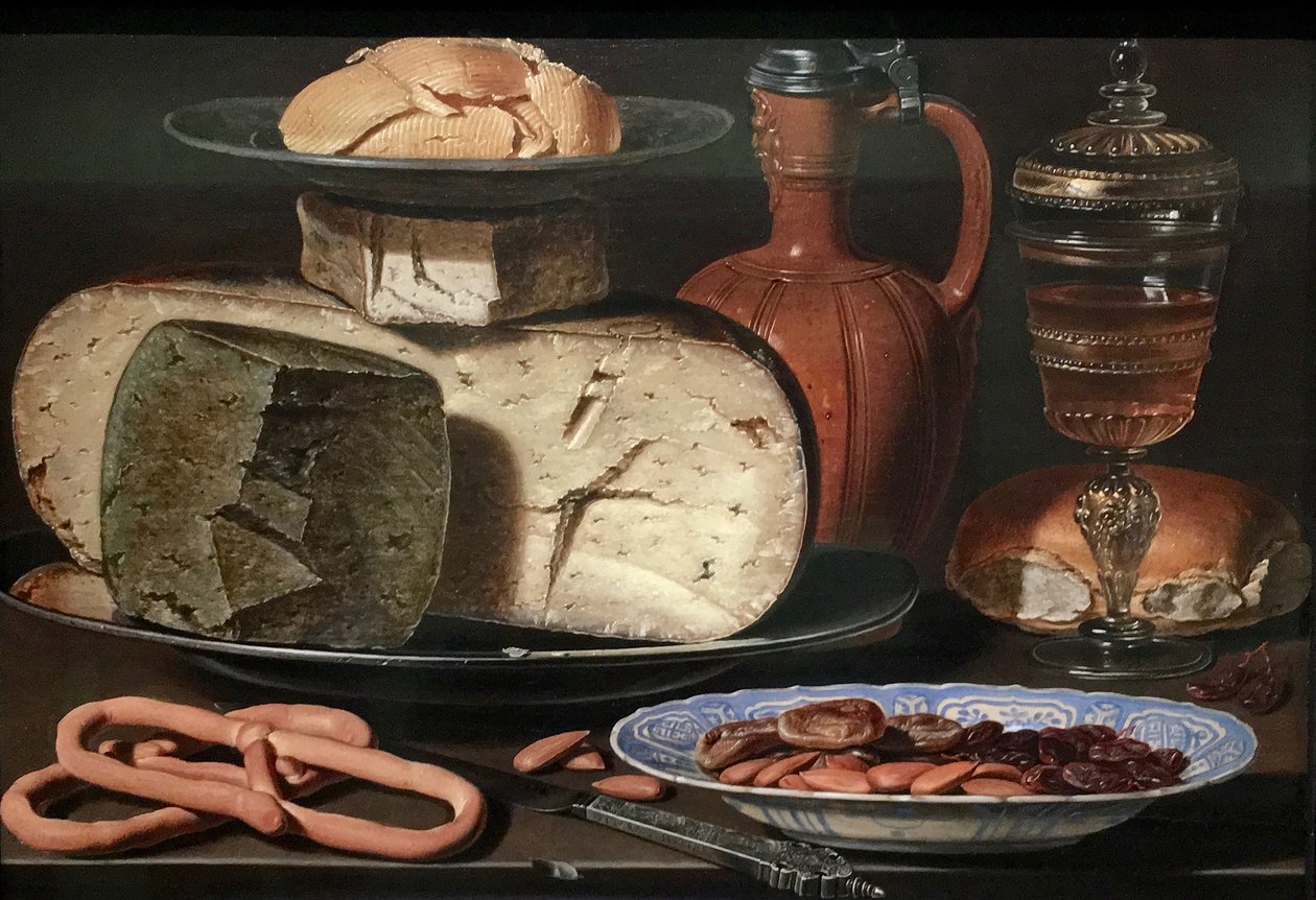 Dutch : Nature morte aux fromages, amandes et bretzels Nature morte aux fromages, amandes et bretzels - Clara Peeters
