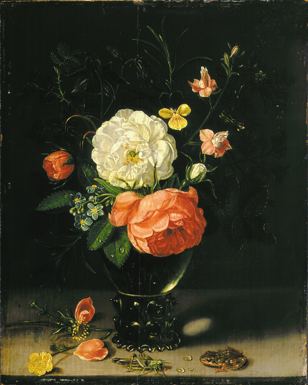 Fleurs dans un vase avec sauterelle et grenouille - Clara Peeters
