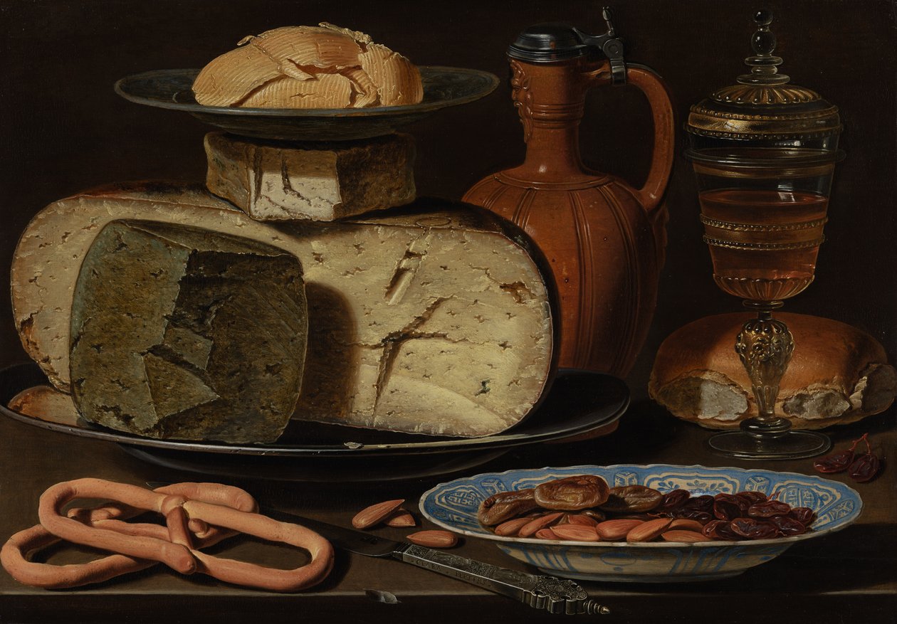 Nature morte avec fromages, amandes et bretzels - Charlotte Evans