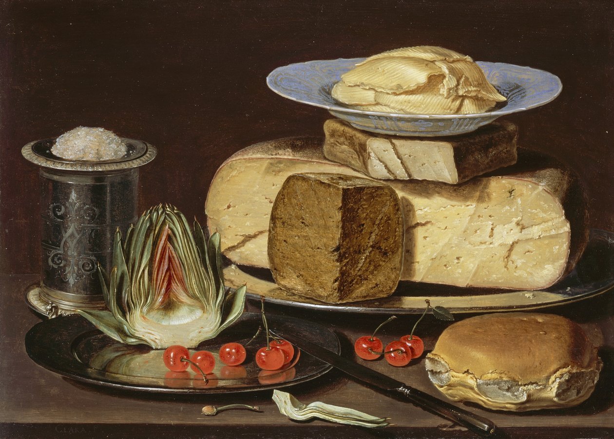 Nature morte avec fromages, artichaut et cerises, vers 1625 - Charlotte Evans