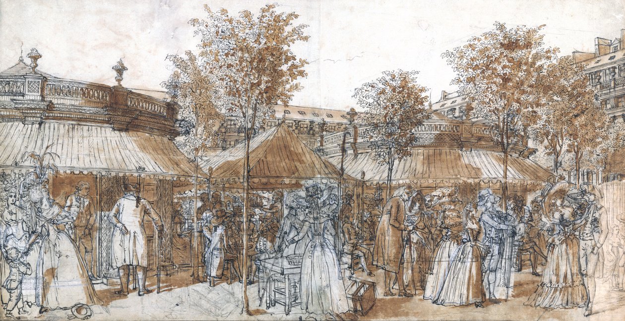 La promenade du jardin du Palais Royal en 1787 (plume et encre brune sur papier) - Claude Louis Desrais