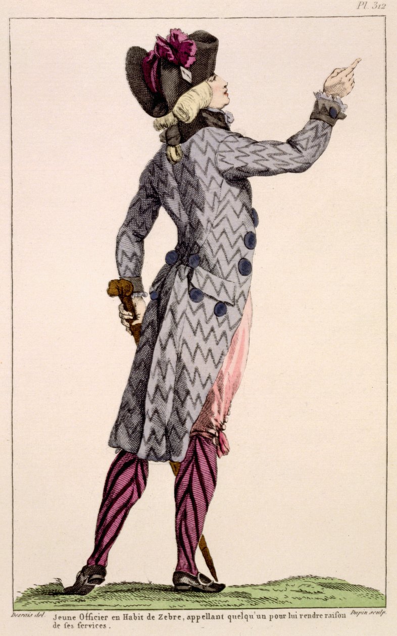 Jeune officier en manteau zébré, gravure par Dupin, 1789 - Claude Louis Desrais
