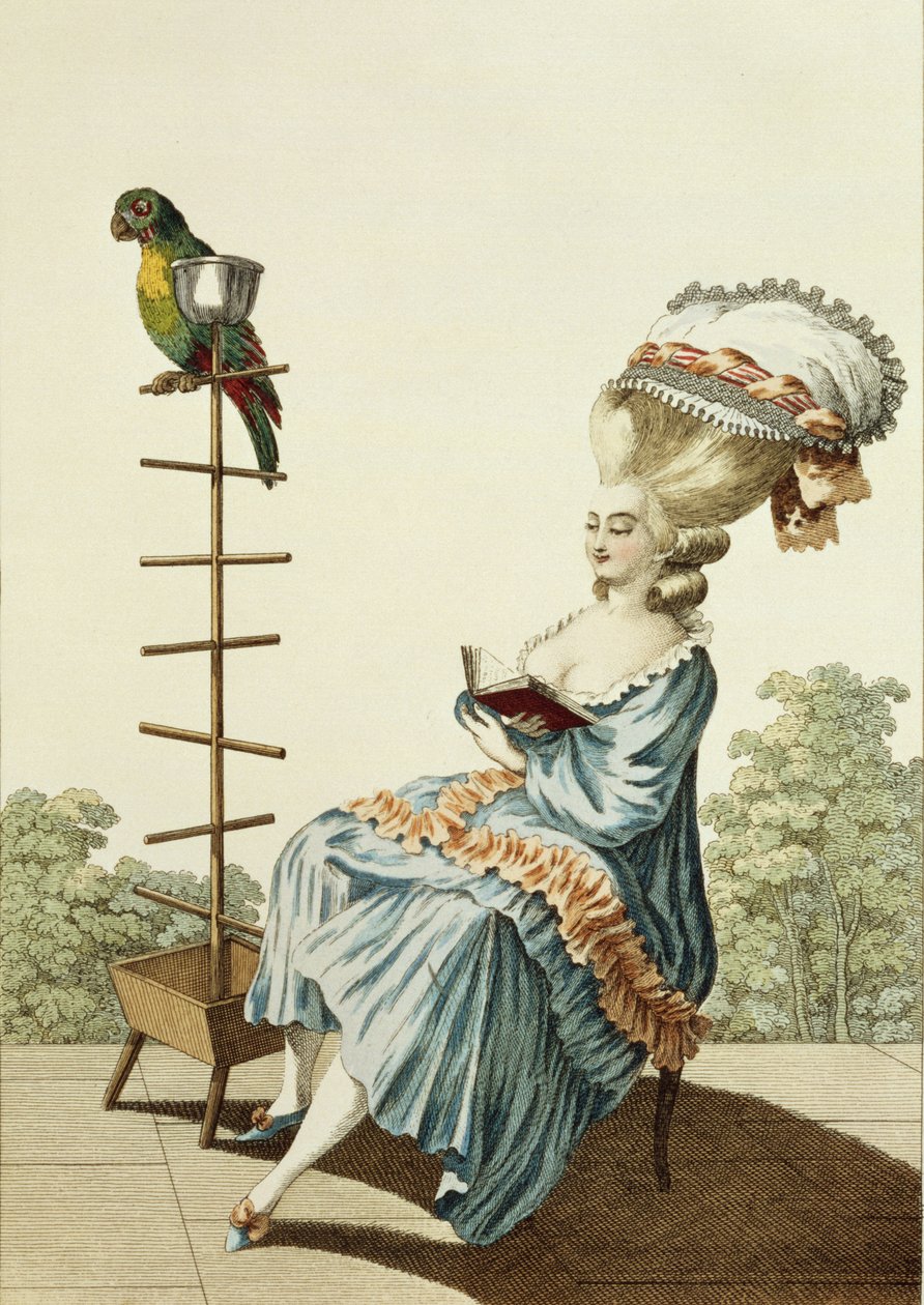 Jeune femme lisant en robe de jour avec une coiffure élaborée et un bonnet, planche 20 de 