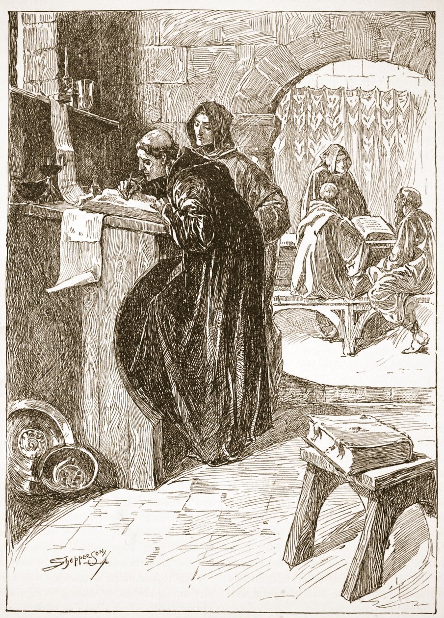 Le scriptorium d'un monastère, illustration de 'The Church of England ...