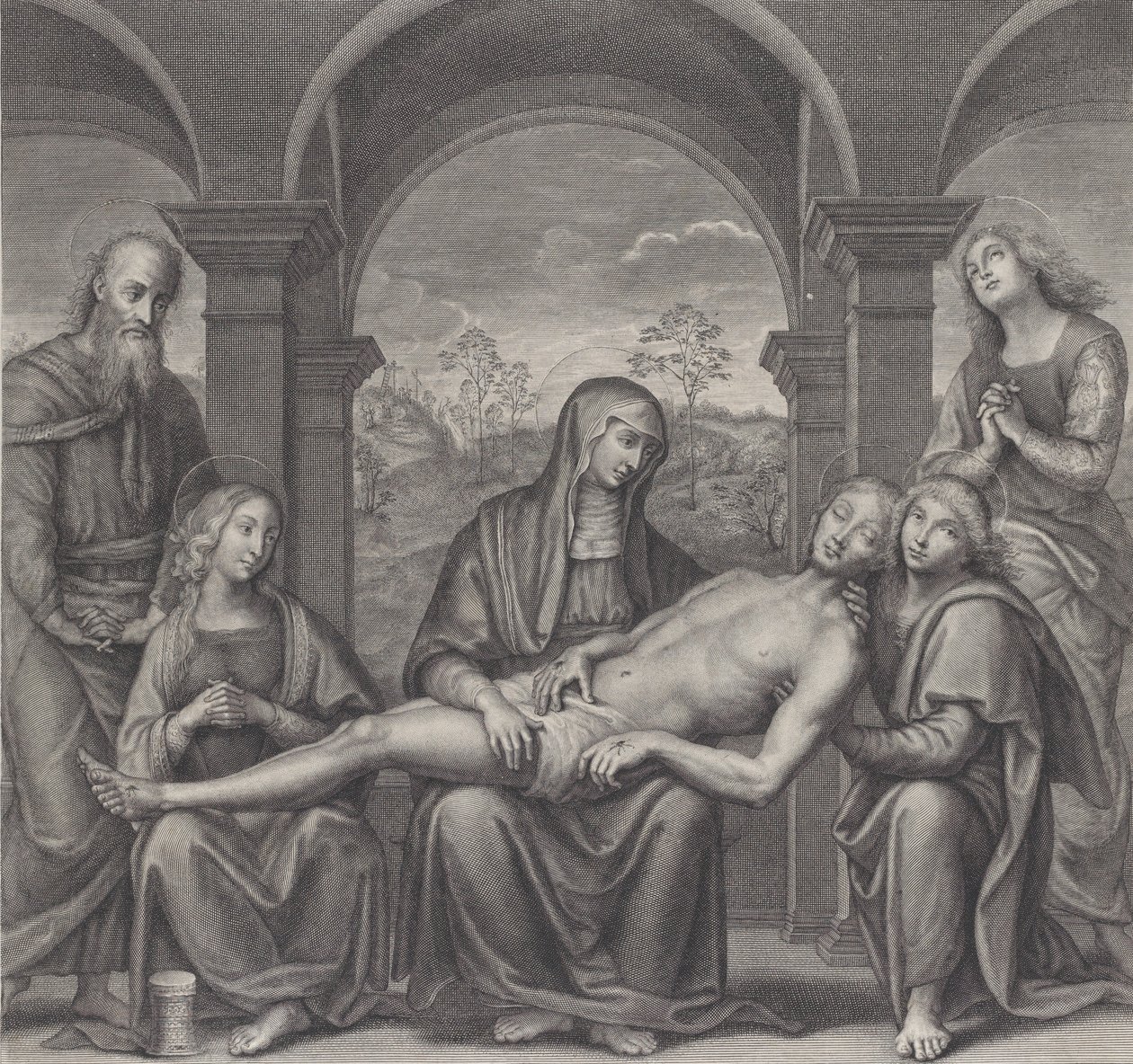 Christ dans le tombeau, reposant sur les genoux de la Vierge, d
