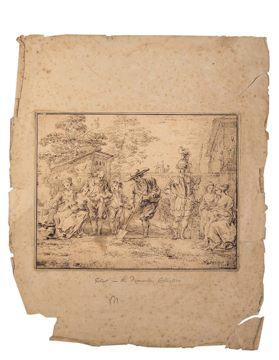 Les quatre âges de la vie: Sept figures dans un jardin, une creusant avec une bêche - Claude Gillot