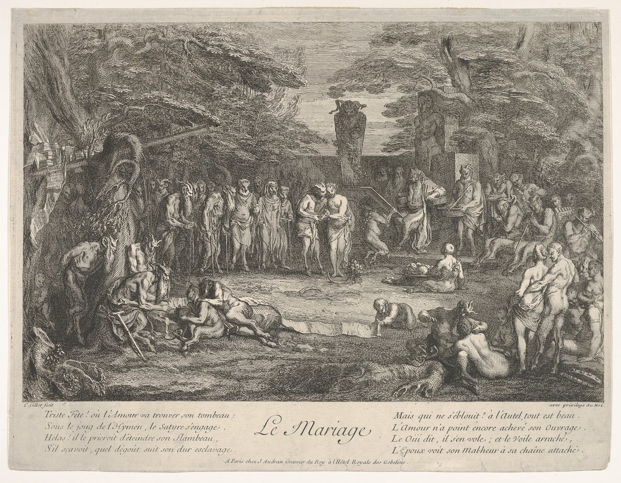 Le Mariage: dans une forêt, un vieux satyre marie les fiancés - Claude Gillot