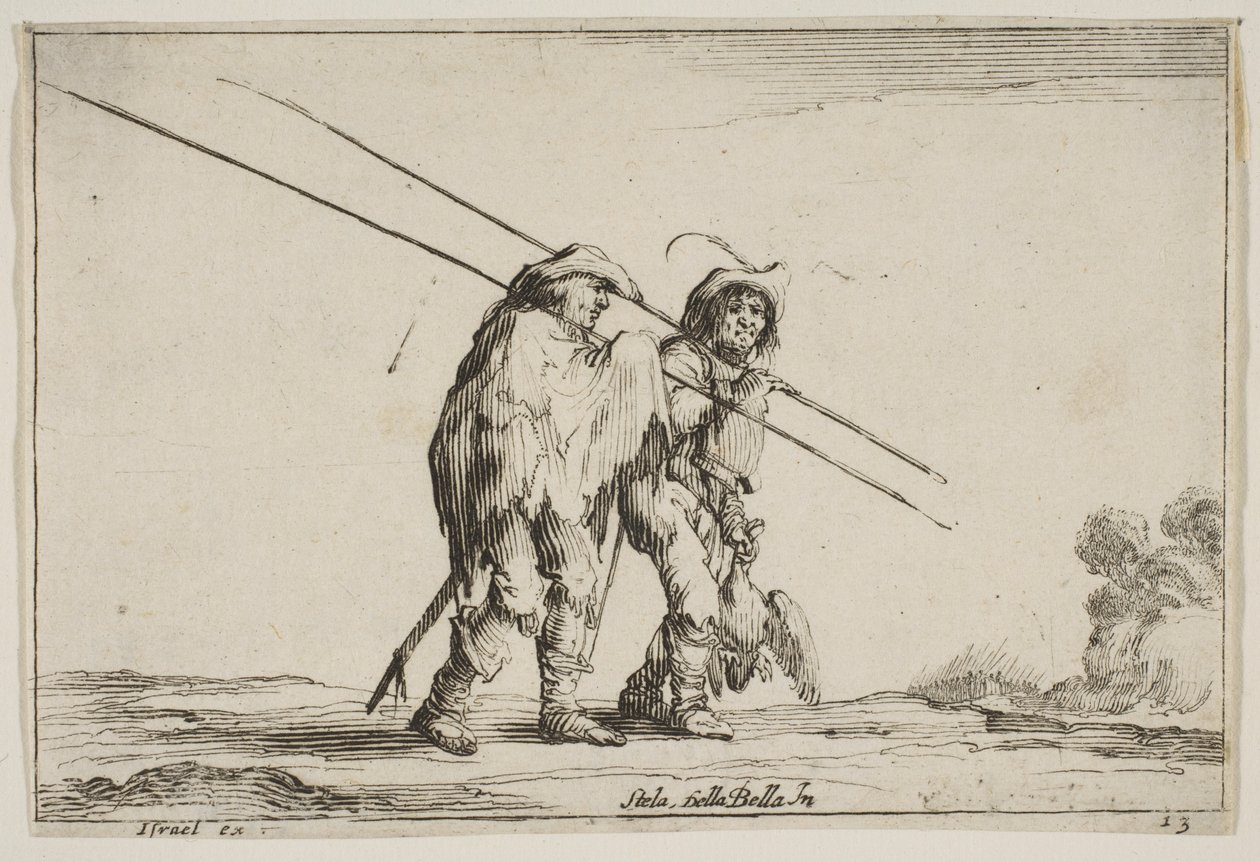 Planche 13 : Deux piquiers marchant vers la droite, chacun avec leurs piques dans la main droite - Claude Goyrand