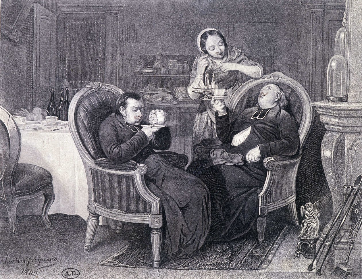 Après-dîner : Deux prêtres prennent du café et un digestif, servis par leur servante - Claude Jacquand