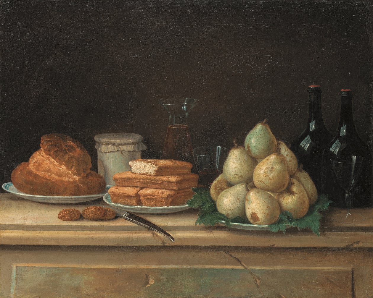 Poires et pain sur des assiettes, avec des bouteilles de vin et des verres sur un rebord de pierre - Claude Joseph Fraichot