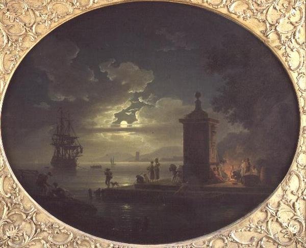 Nuit : Un paysage côtier au clair de lune avec des pêcheurs près d