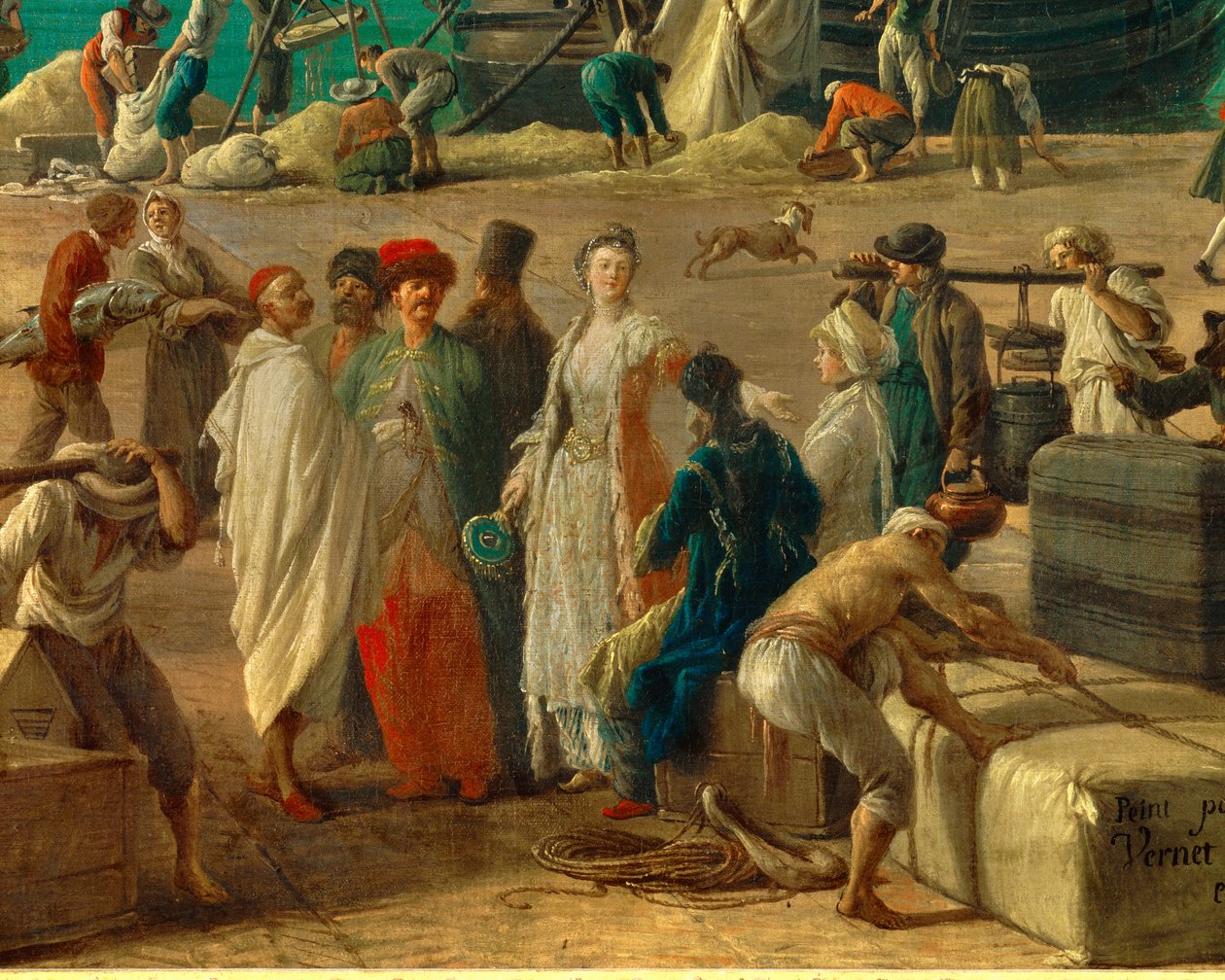 (détail) Le port de Marseille au XVIIIe siècle. Détail représentant le déchargement des marchandises. Peinture de Joseph Vernet (1714-1789) XVIIIe siècle Paris. Musée de la Marine - Claude Joseph Vernet