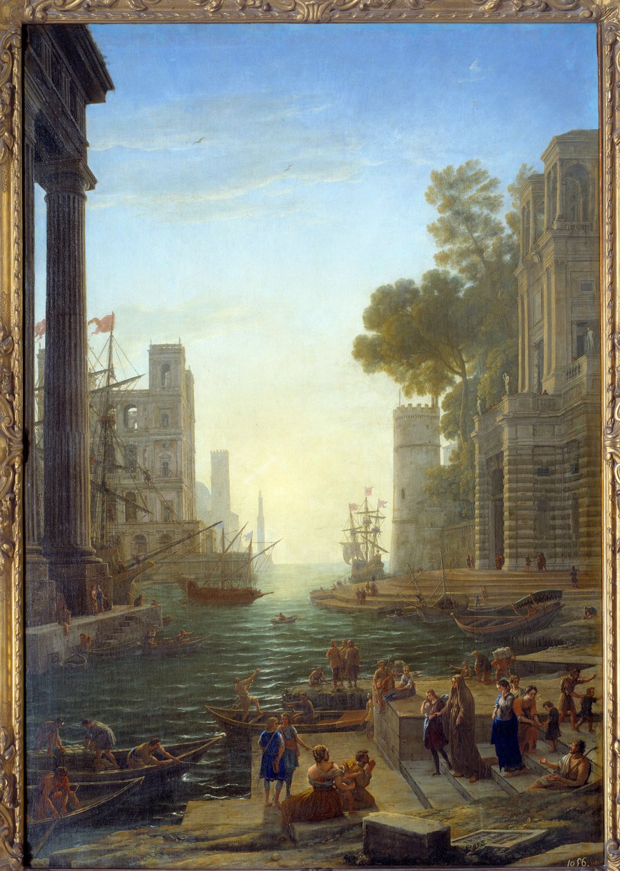Paysage avec le bateau de Sainte Paula Romana à Ostie. Sainte Paula quitte ses enfants pour voyager en Terre Sainte. Embarquement de Sainte Paule à Ostie. Sainte Paule (347-404 ou 407), veuve romaine, disciple de Saint Jérôme - Claude Lorrain