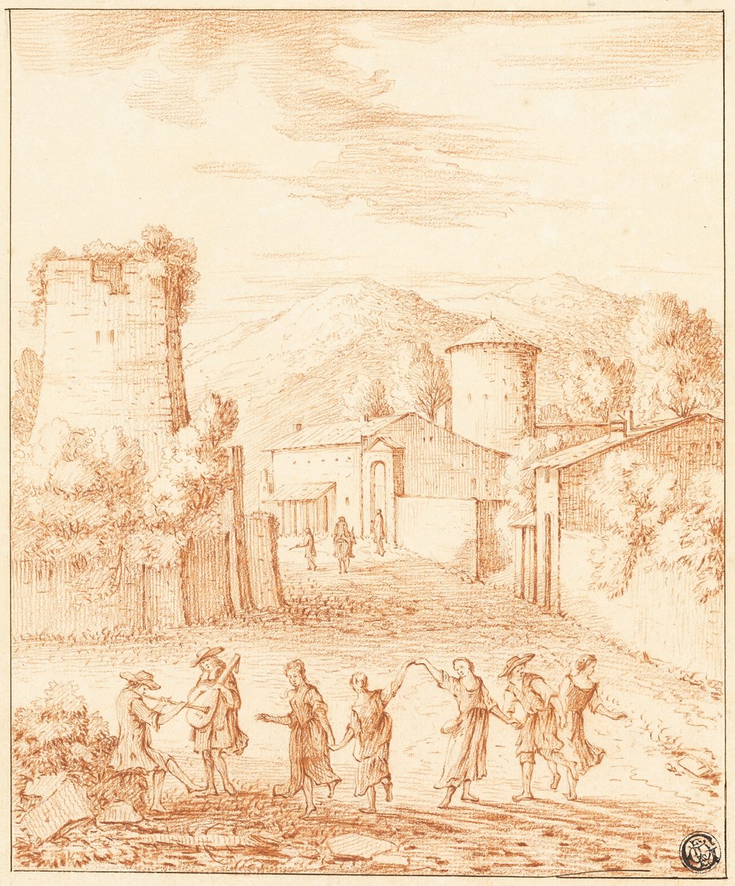 Danseurs et musiciens devant le village avec la tour en ruine - Claude Lorrain