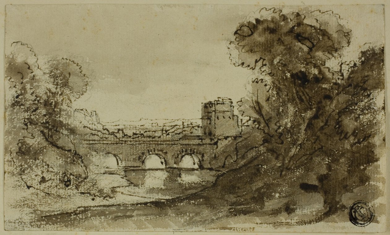 Paysage fluvial italianisant avec pont et tour - Claude Lorrain