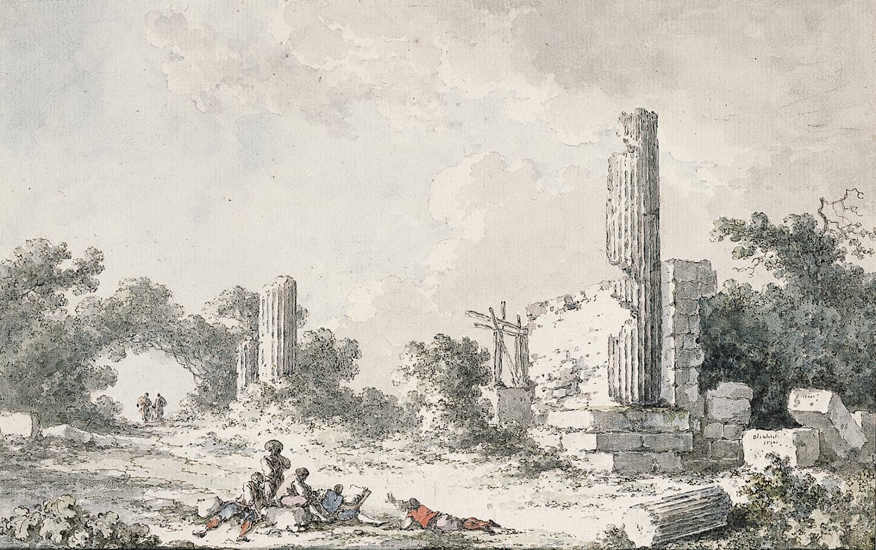 Les ruines du Temple de Castor et Pollux, Agrigente, avec des artistes dessinant - Claude Louis Chatelet