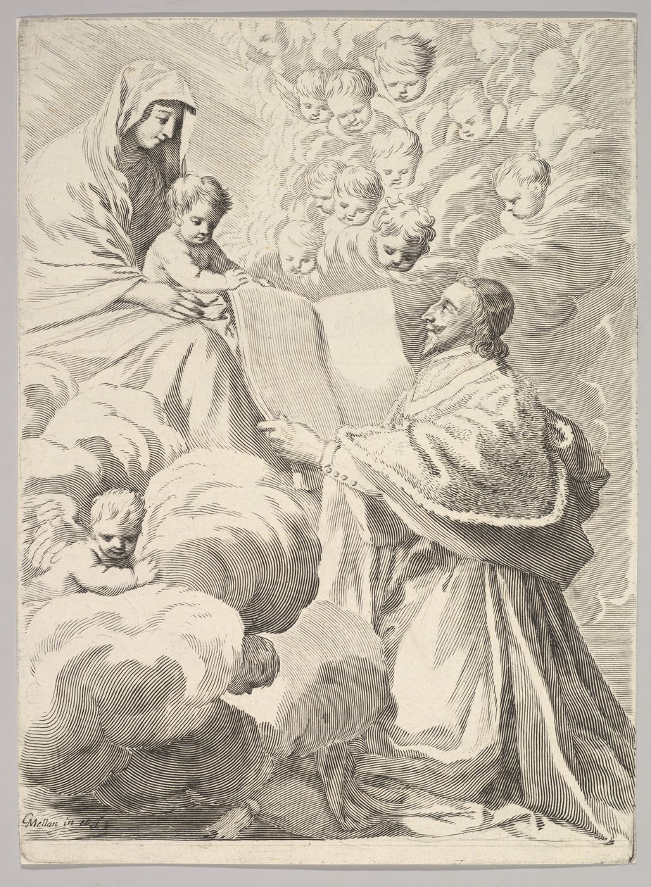 Le Cardinal Richelieu, à genoux, présente son livre à la Vierge et l