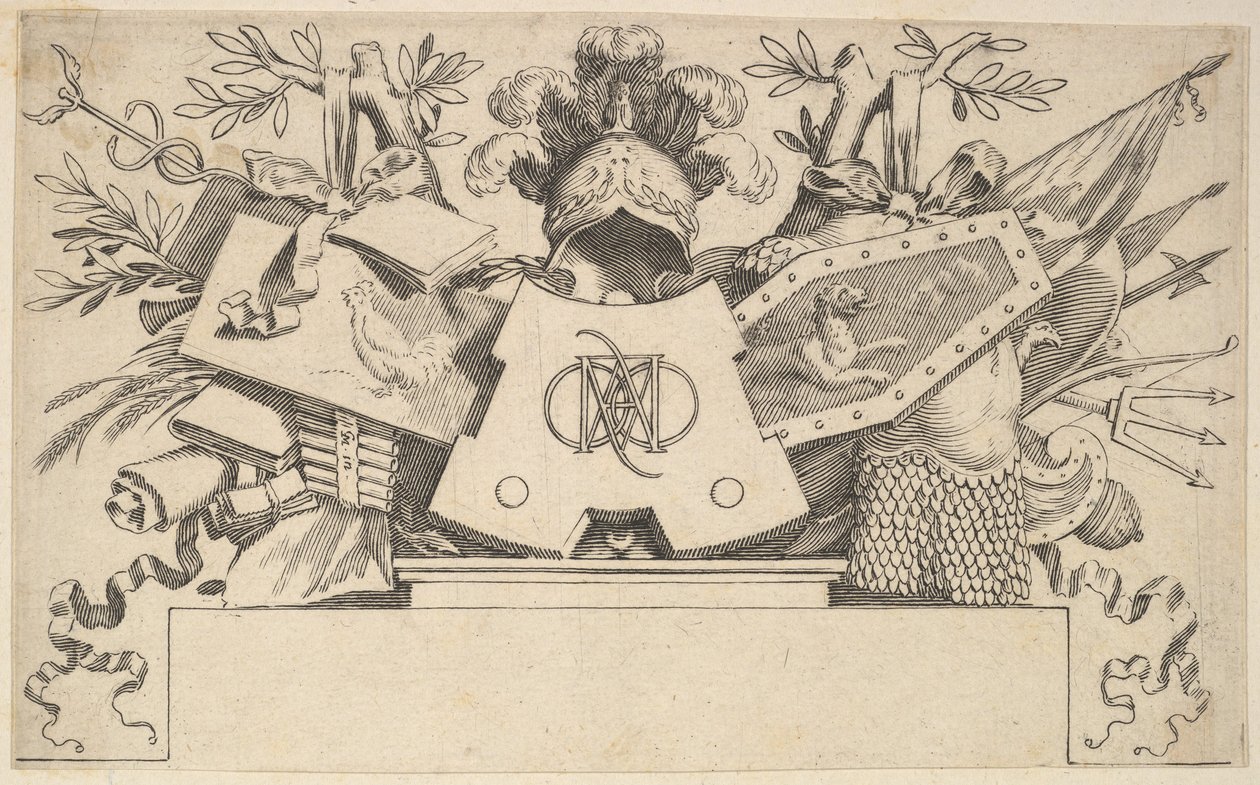 Trophée avec monogramme contenant les lettres de LEONARDOS, 1651 - Claude Mellan