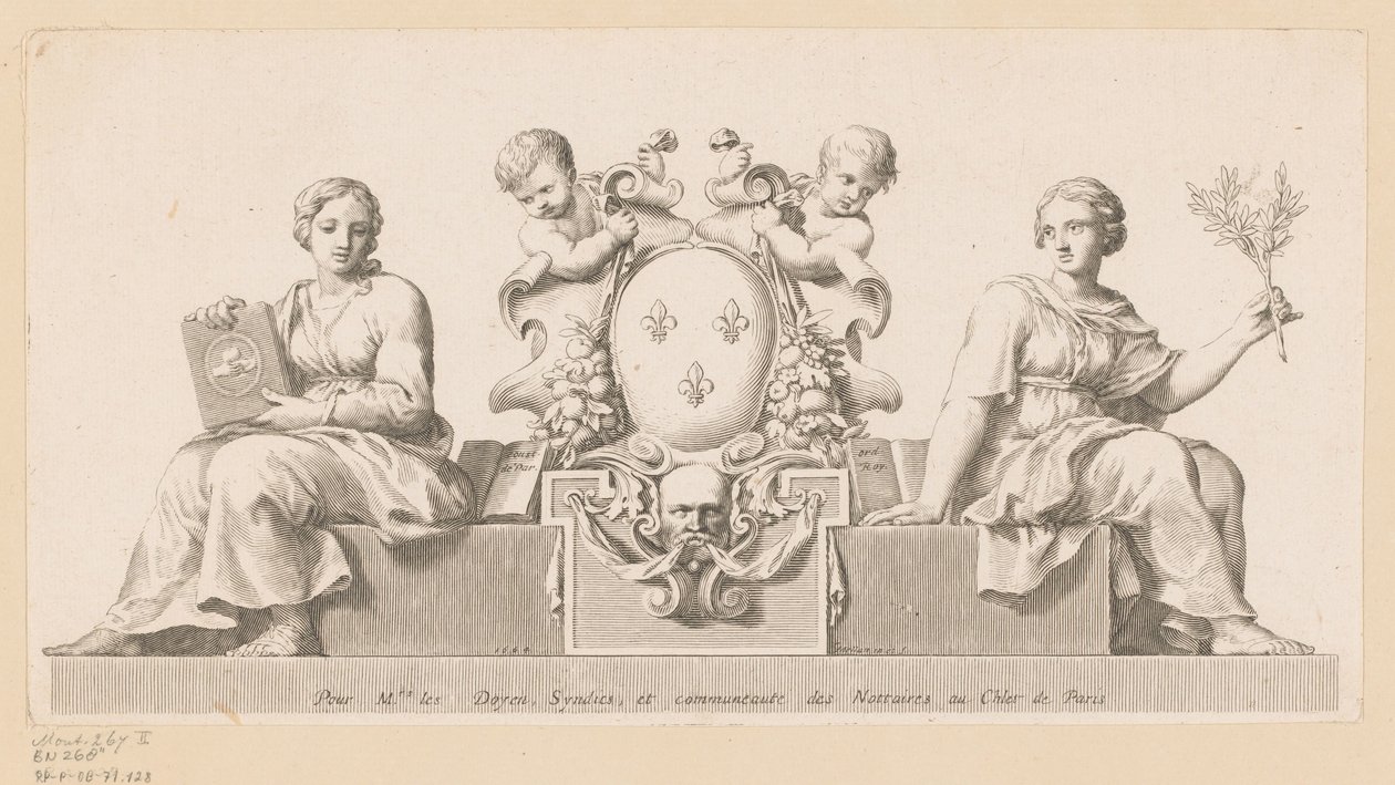 Armoiries des notaires du Châtelet à Paris avec personnifications de la Bonne Foi et de la Loi - Claude Mellan