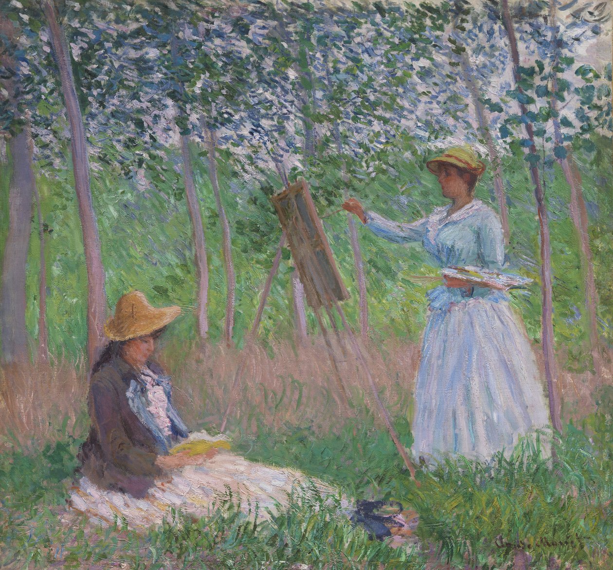 Dans les bois de Giverny : Blanche Hoschedé devant son chevalet, tandis que Suzanne Hoschedé lit - Claude Monet