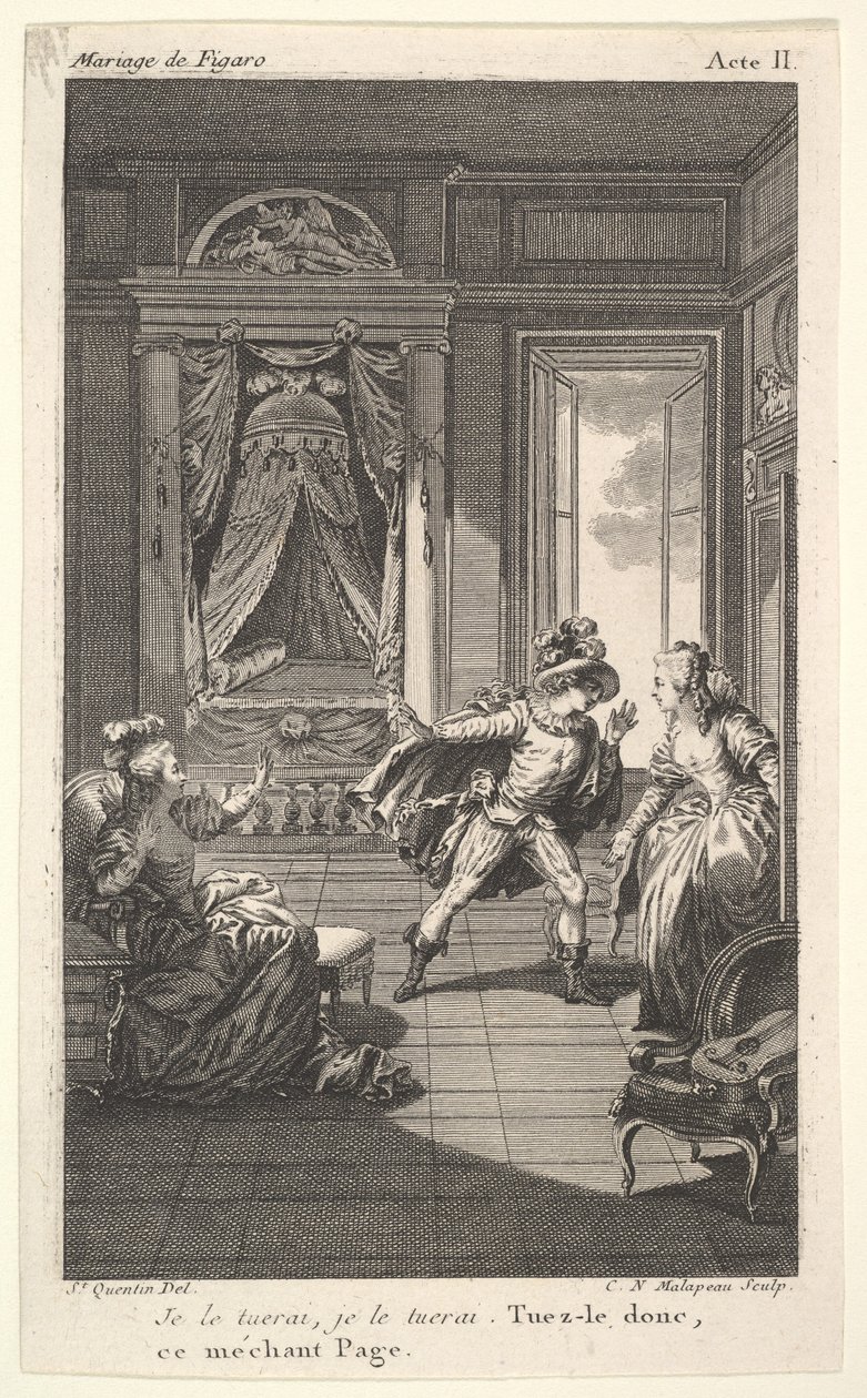 Un homme se penche vers une femme debout dans une porte à droite, à gauche une femme assise lève..., vers 1784 - Claude Nicolas Malapeau