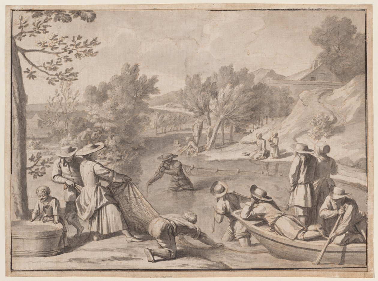 Août : Pêche, vers 1700 (encre) - Claude Simpol