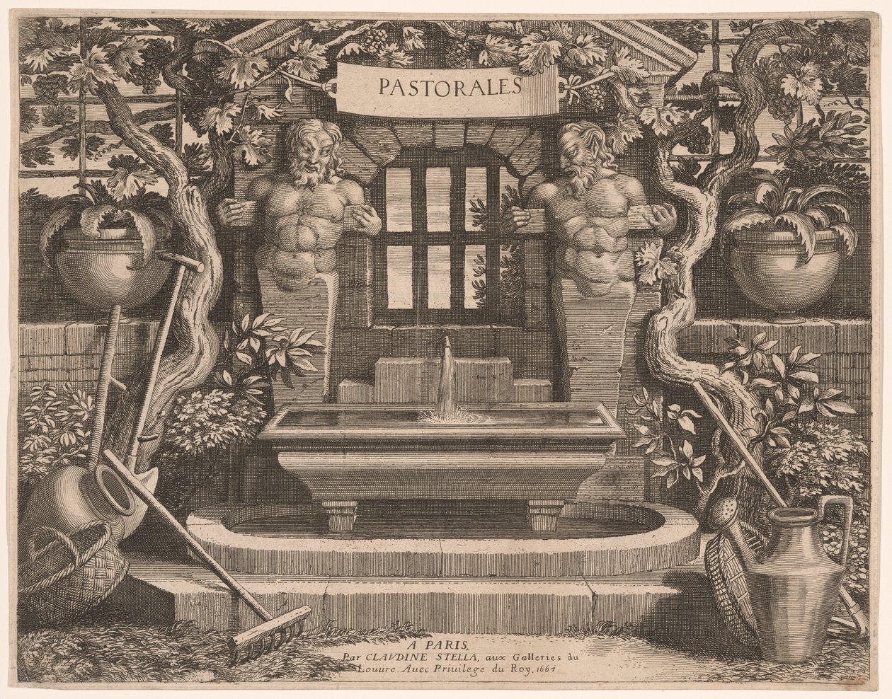 Plaque de titre avec fontaines rustiques et dédicace, tirée de Pastorales - Claudine Bouzonnet Stella