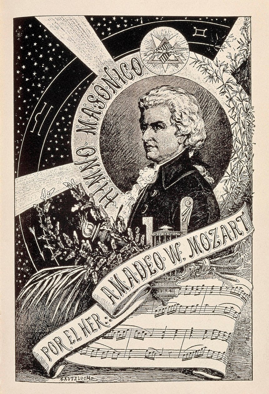 Représentation du compositeur autrichien Wolfgang Amadeus Mozart (1756-1791), membre franc-maçon associé au Dictionnaire Encyclopédique de la Franc-Maçonnerie, fin 19e - début 20e siècle (gravure) - Claudio Castelucho