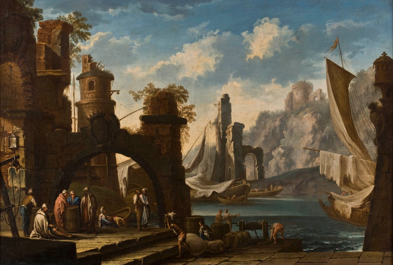 Port méditerranéen avec château en ruines, navires et personnages - Clemente Spera