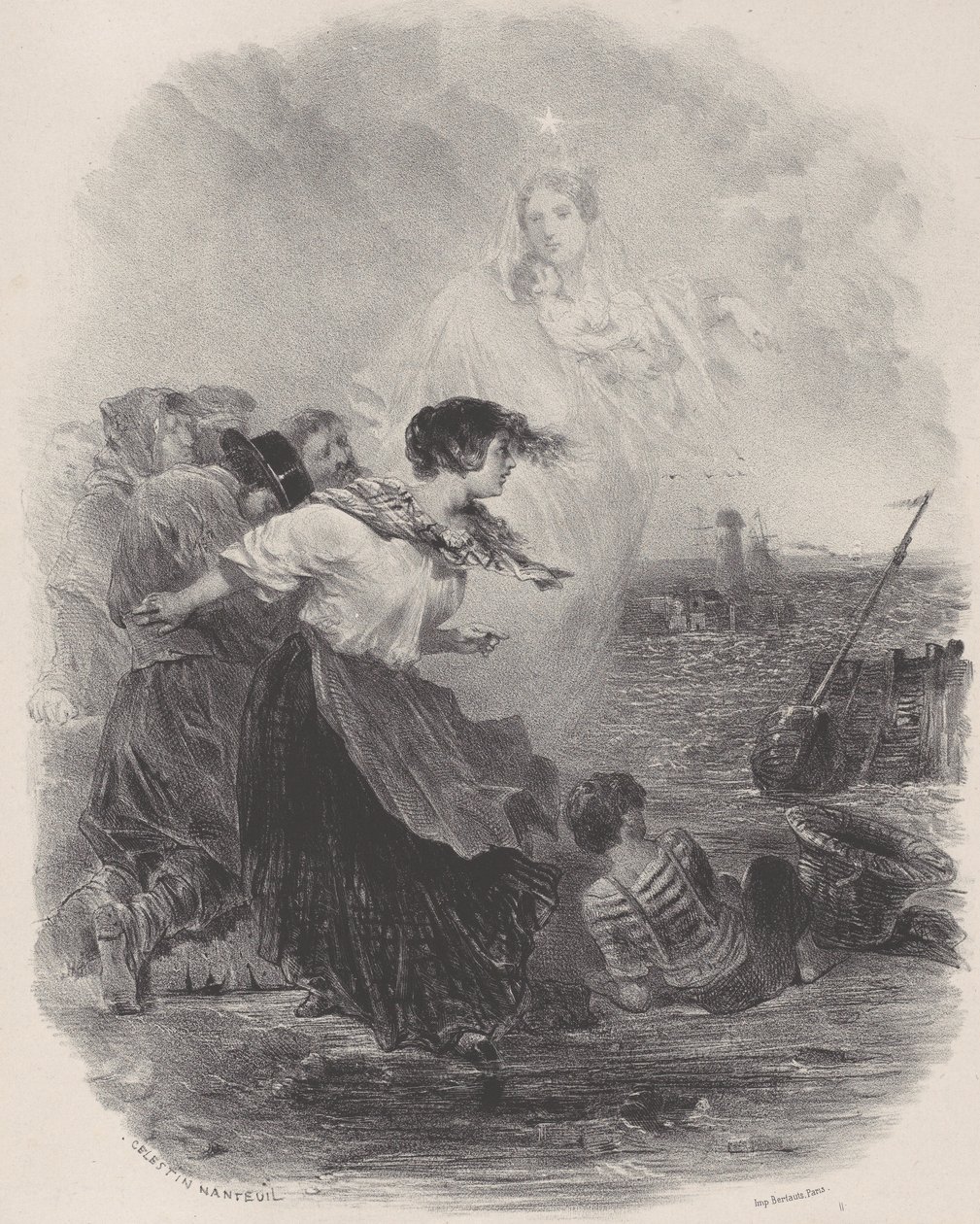 Femme près de la mer avec la Madone, pointant vers un navire - Célestin Nanteuil