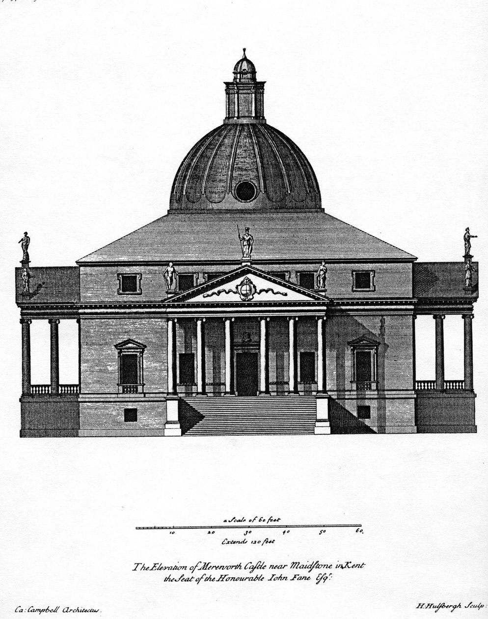 Élévation du château de Mereworth, gravé par H. Hulsbergh, vers 1722-24 - Colen Campbell