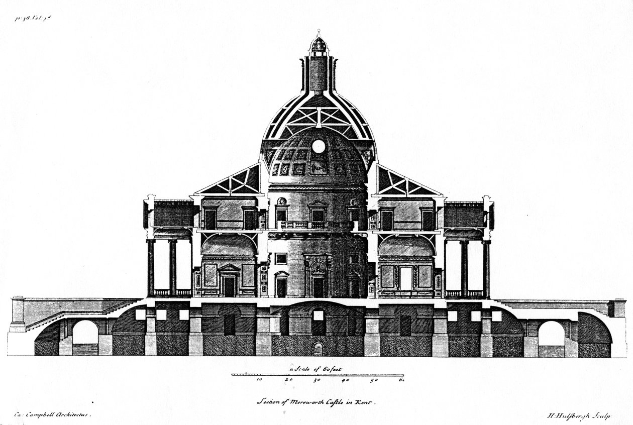 Section du château de Mereworth dans le Kent, gravée par H. Hulsbergh, c.1722-24 - Colen Campbell