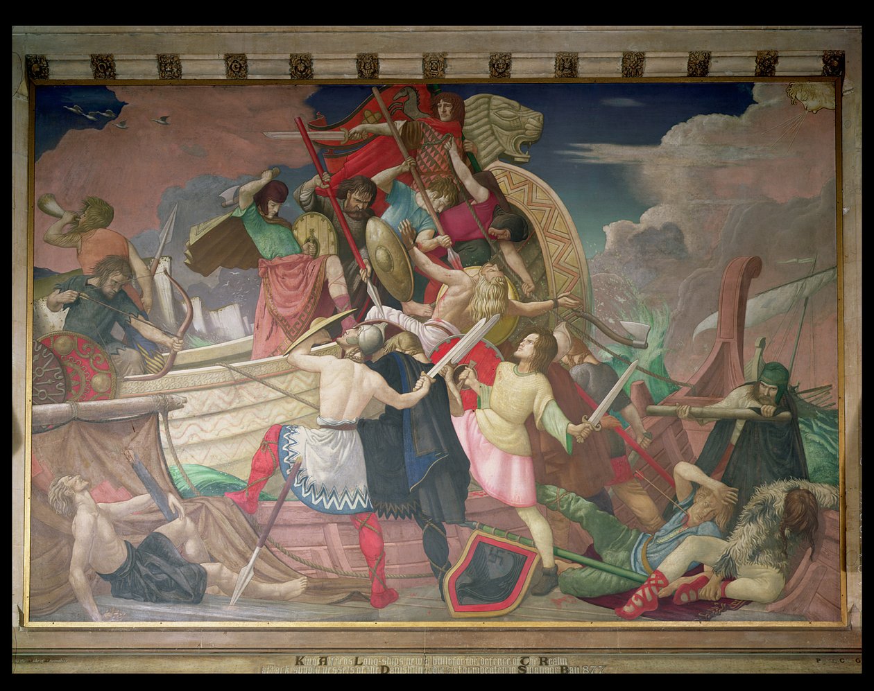 Les longs navires du roi Alfred, nouvellement construits pour la défense du royaume, attaquent les navires des envahisseurs danois battus par la tempête dans la baie de Swanage en 877 (détail) - Colin Unwin Gill